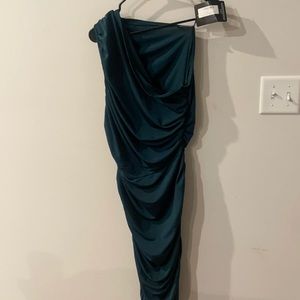One shoulder emerald green midi dress